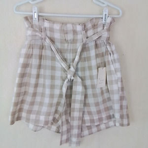 A New Day Linen Blend High Rise Paperbag Shorts Size Small Beige White‎ Gingham